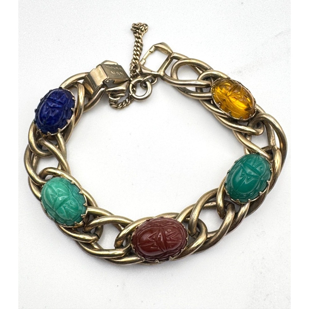 Vtg Kafin NY Scarab Bracelet Multi Stone Carved Beetle Double Chain MCM Egyptian